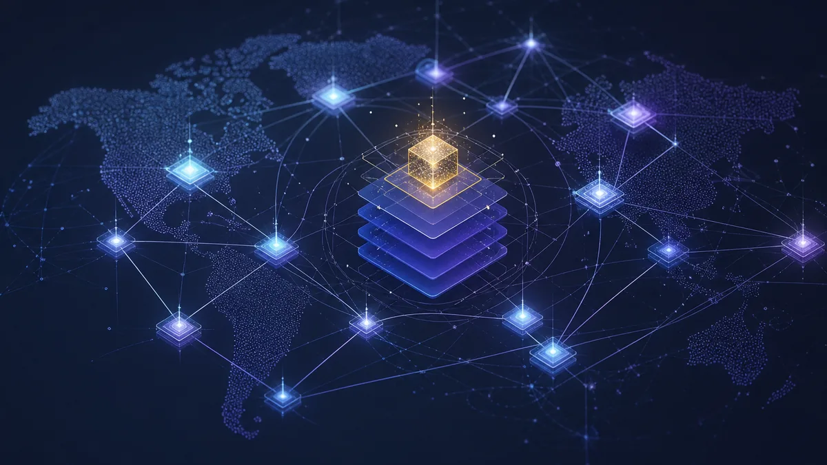 Абстрактная иллюстрация сети Ethereum как глобального программируемого компьютера из соединённых узлов